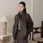 [다연PICK] OUT POCKET HIGH NECK LEATHER BLOUSON_BROWN