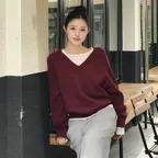 [컬러추가] SIKN2156 울 블렌드 루즈 브이넥 니트_Wine