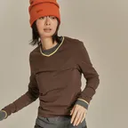 (W) TIPPED V-NECK LONG SLEEVE T-SHIRT - BROWN