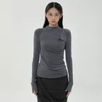 Draped Mock Neck Long Sleeve (FL-182_Charcoal)