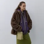 HIGH-NECK FAUX HALF FUR COAT, MOCHA GREY