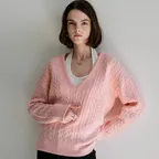 Deep V-Neck Cable Rib Knit (pink)