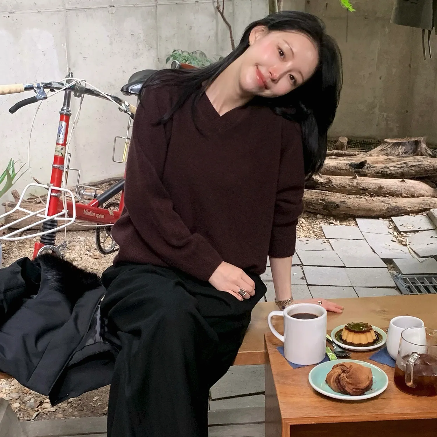 [강문경pick] 소프트 야크 브이넥 니트탑_WINE BROWN