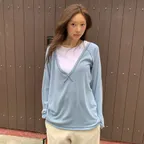 WOOL BLENDED DEEP V-NECK TOP (DEEP SKY)