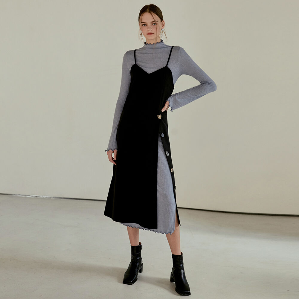 ワンピース ETMON Slip Line Button Detail Dress, Black Slip Line Button Detail Dress, Black - 감도 깊은 취향 셀렉트