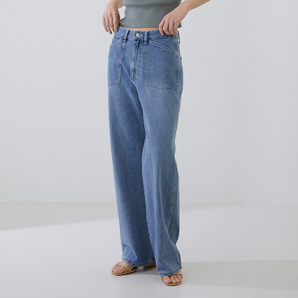 Washing curve pocket wide denim pants - LIGHT INDIGO - 감도