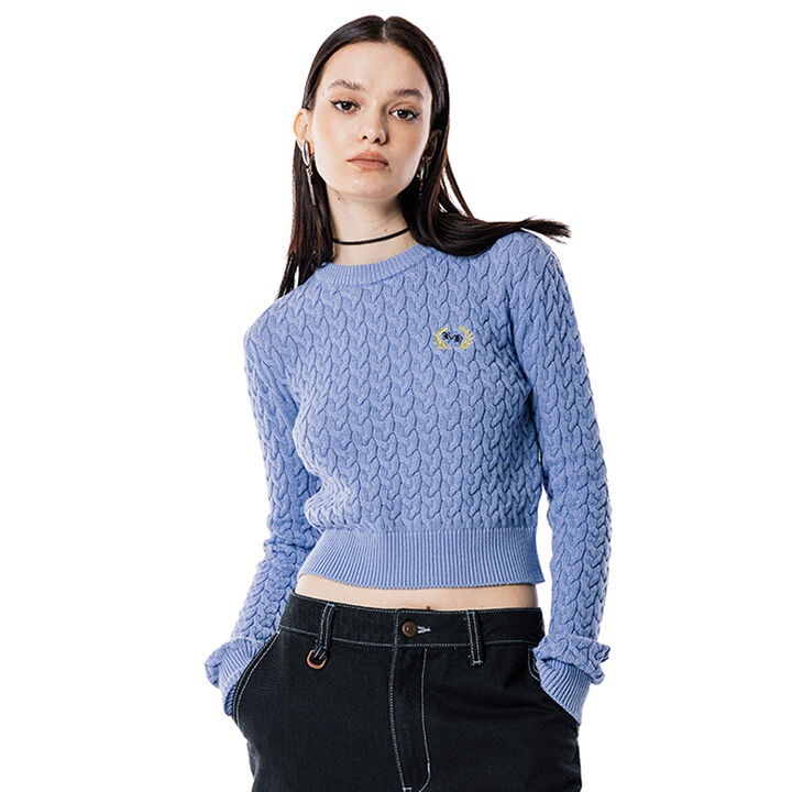 LAUREL WREATH EMBROIDERY CABLE CROP KNIT TOP [BLUE] - 감도 깊은