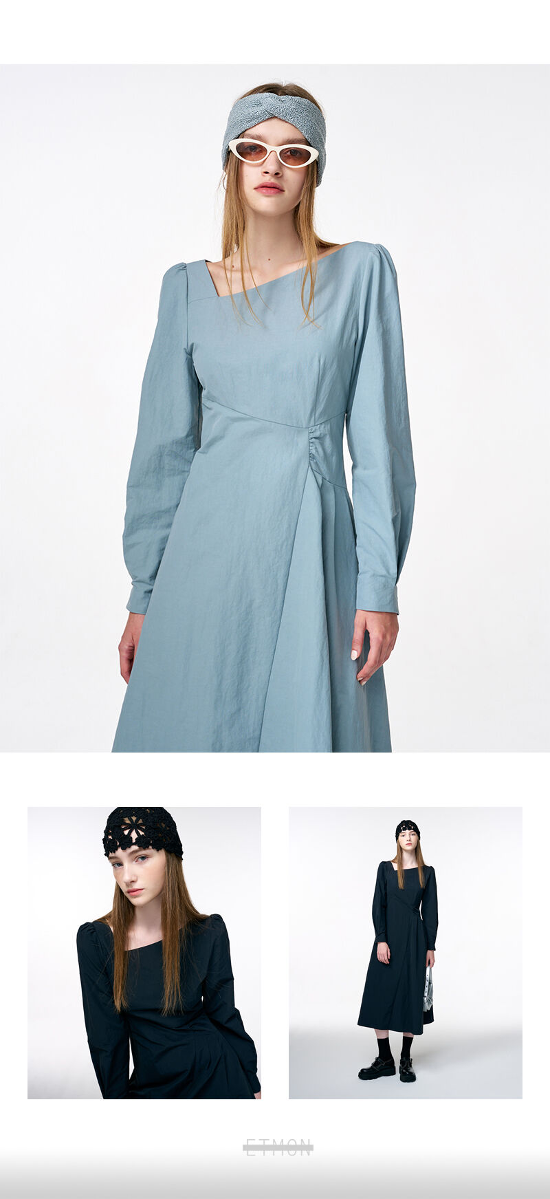 ワンピース ETMON Unbalance Line Pintuck Dress, Greyish Blue Unbalance Line Pintuck Dress, Greyish Blue - 감도 깊은 취향