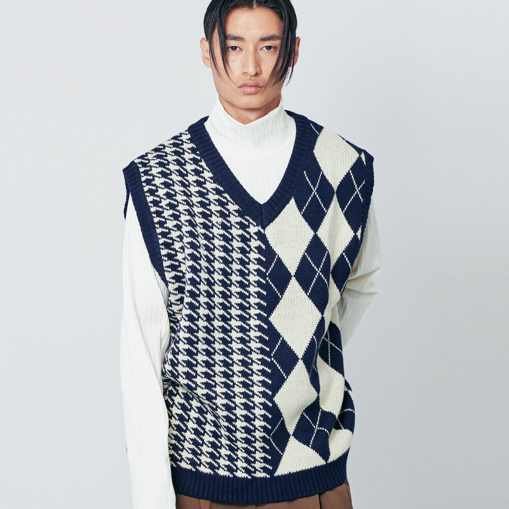 ★送料・関税込★SSY★argyle & hound check knit ves.t★ベスト Argyle & hound check knit vest navy - 감도 깊은 취향 셀렉트