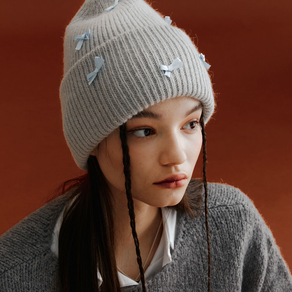 ☆ZEROPLANET☆ANGORA RIBBON KNIT BEANIE Vale-P - Angora Beanie With Upcycled Fur Pom By Canadian Hat