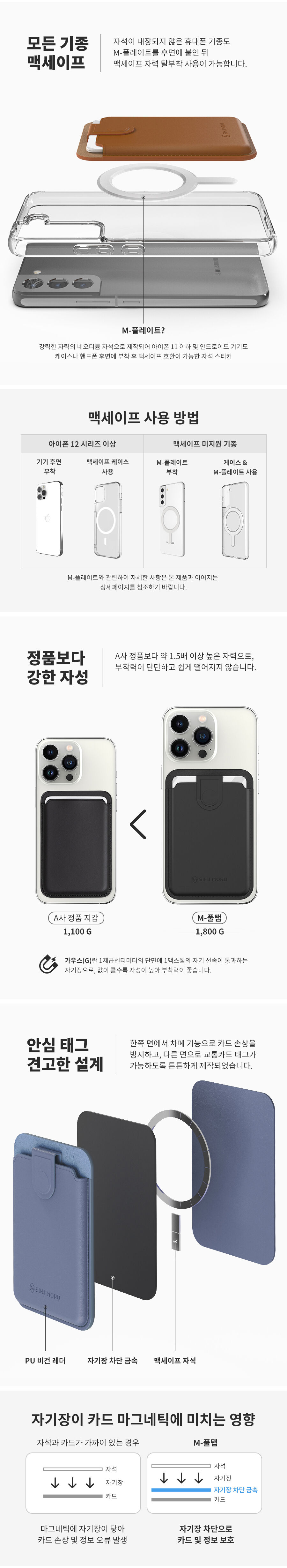[맥세이프] M풀탭_아이폰/갤럭시 (전기종 호환) 마그네틱 탈부착 가죽/레더 핸드폰 카드지갑 케이스 상세 이미지 8