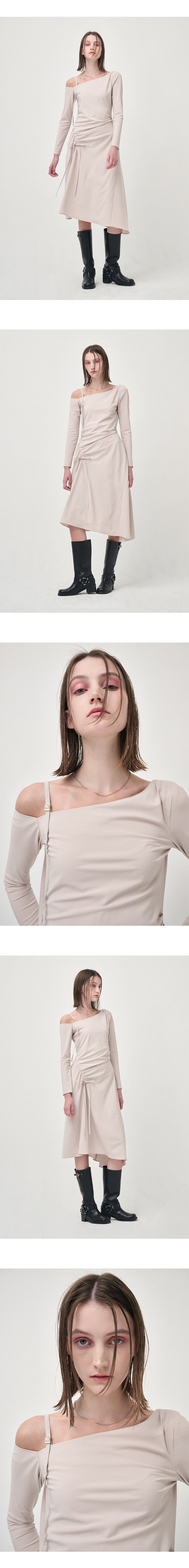 One Off Shoulder Shirring dress, Beige - 감도 깊은 취향