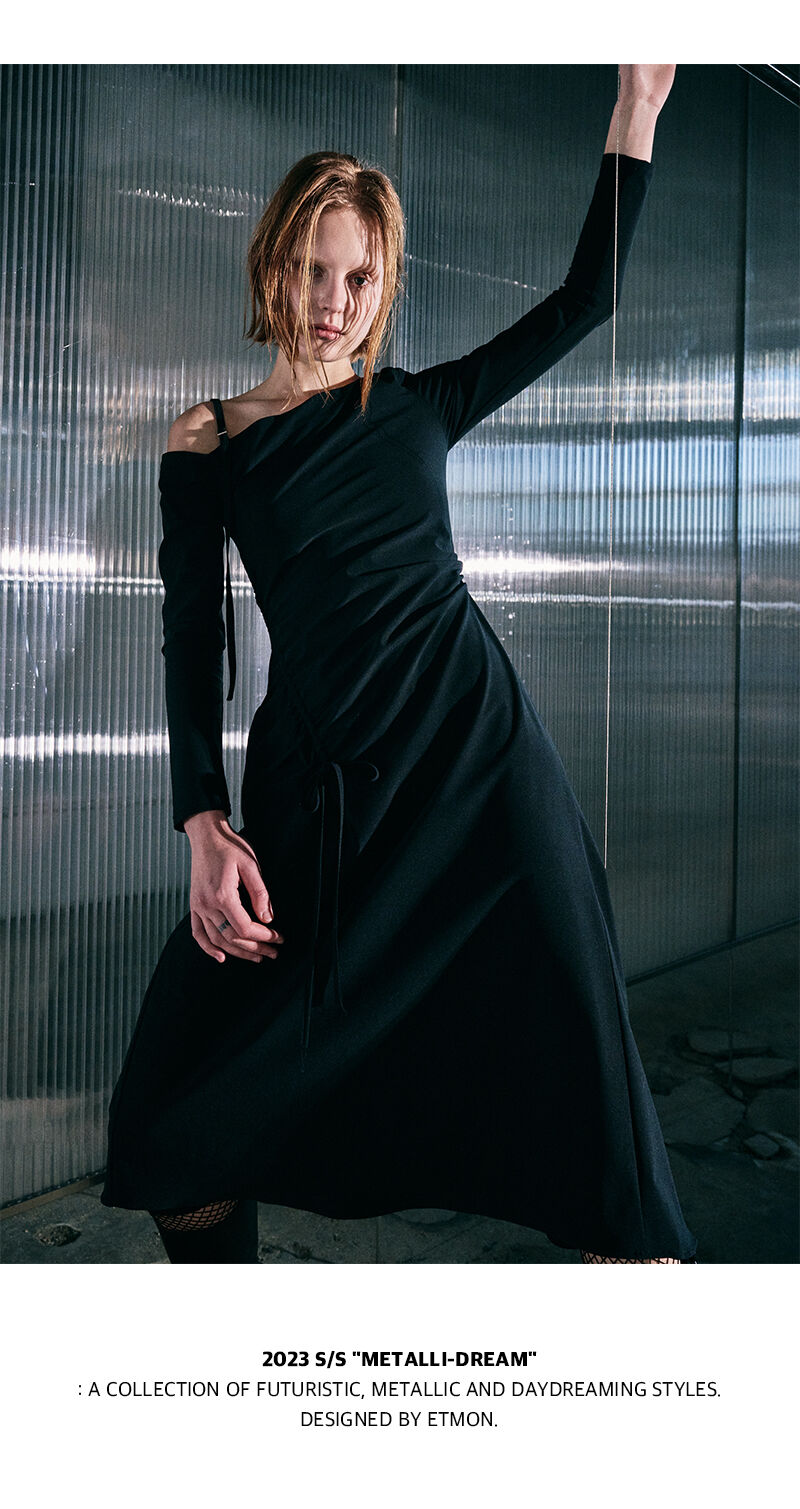 ワンピース ETMON One Off Shoulder Shirring dress, Black One Off Shoulder Shirring dress, Black - 감도 깊은 취향