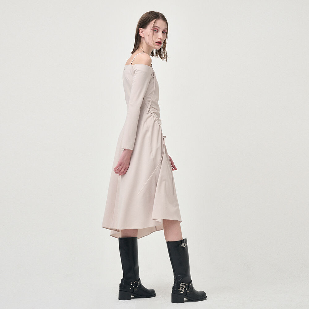 One Off Shoulder Shirring dress, Beige - 감도 깊은 취향