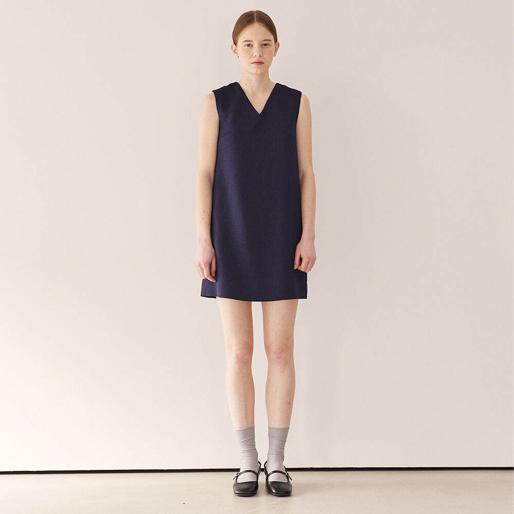 비슬래쉬비 V-neck minimal mini dress_navy - 위시버킷