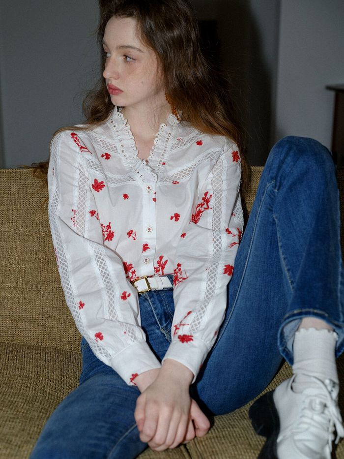 Cest Lace V neck Red Flower Blouse 29CM cest-lace-v-neck-red-flower-blouse-29cm