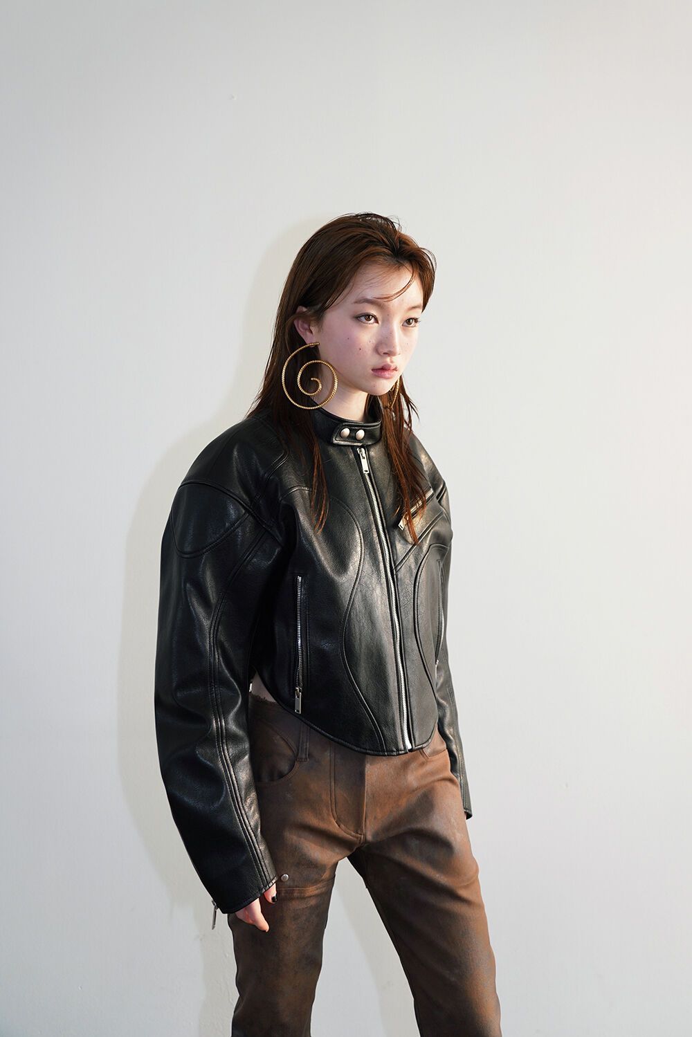 Asymmetry line leather jacket 29cm