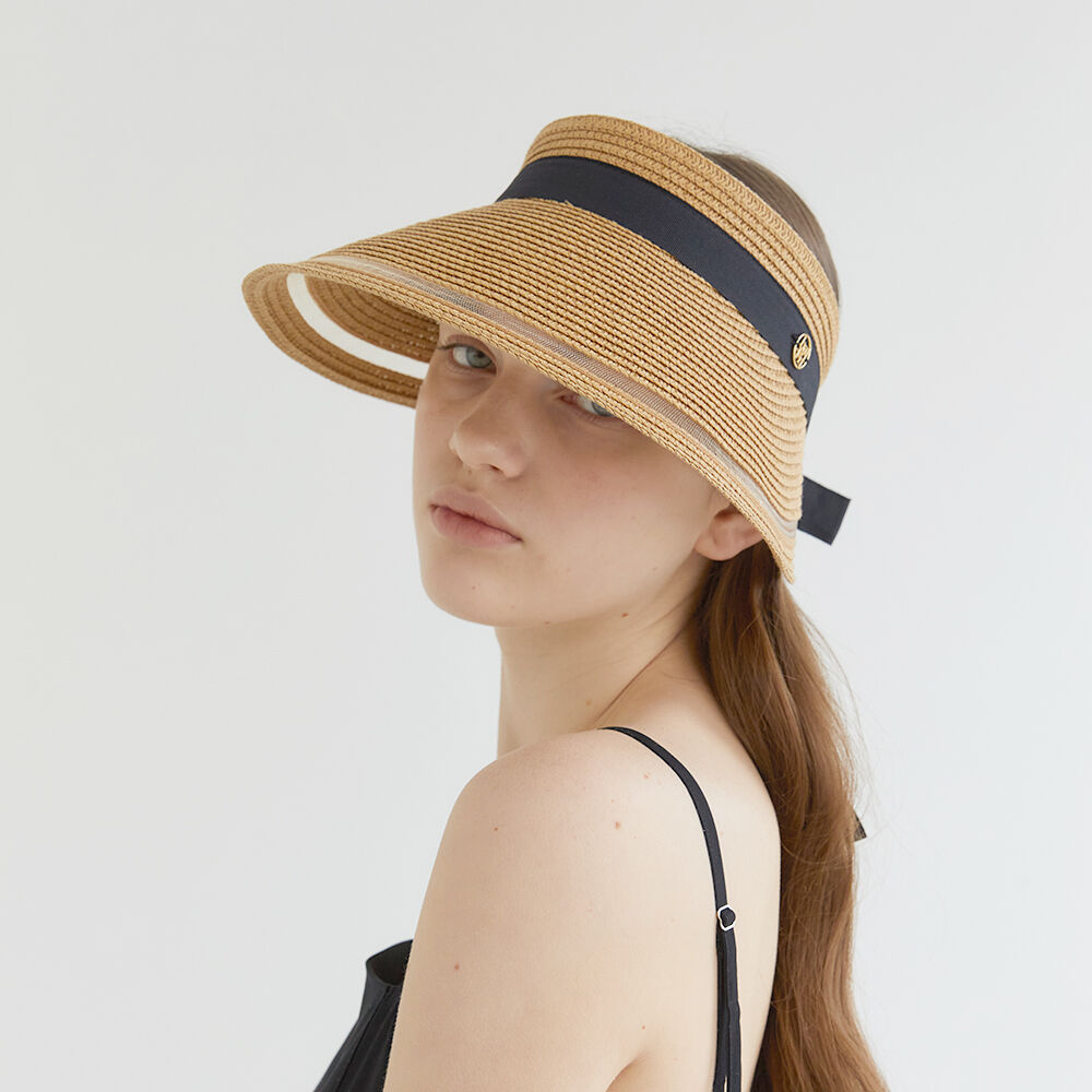 mesh ribbon logo pendant raffia sun visor (C008_beige