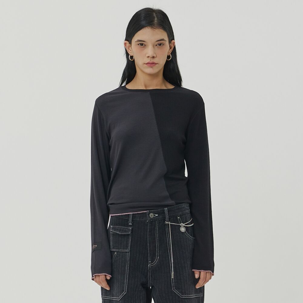 ◇OHESHIO◇ LAYERED STRIPE TSHIRT CHARCOAL LAYERED STRIPE T-SHIRT, CHARCOAL - 감도 깊은 취향 셀렉트샵 29CM