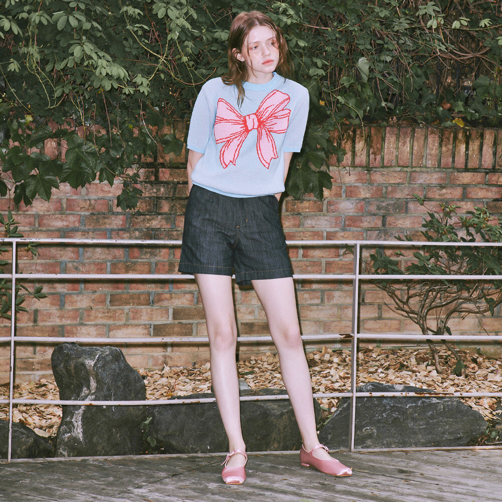 ショートパンツ RONRON RIBBON ITALY COTTON SHORT KNIT SOFT BLUE RIBBON ITALY COTTON SHORT KNIT IVORY BLUE - RONRON 론론