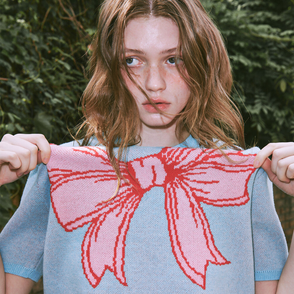 ショートパンツ RONRON RIBBON ITALY COTTON SHORT KNIT SOFT BLUE RIBBON ITALY COTTON SHORT KNIT IVORY BLUE - RONRON 론론