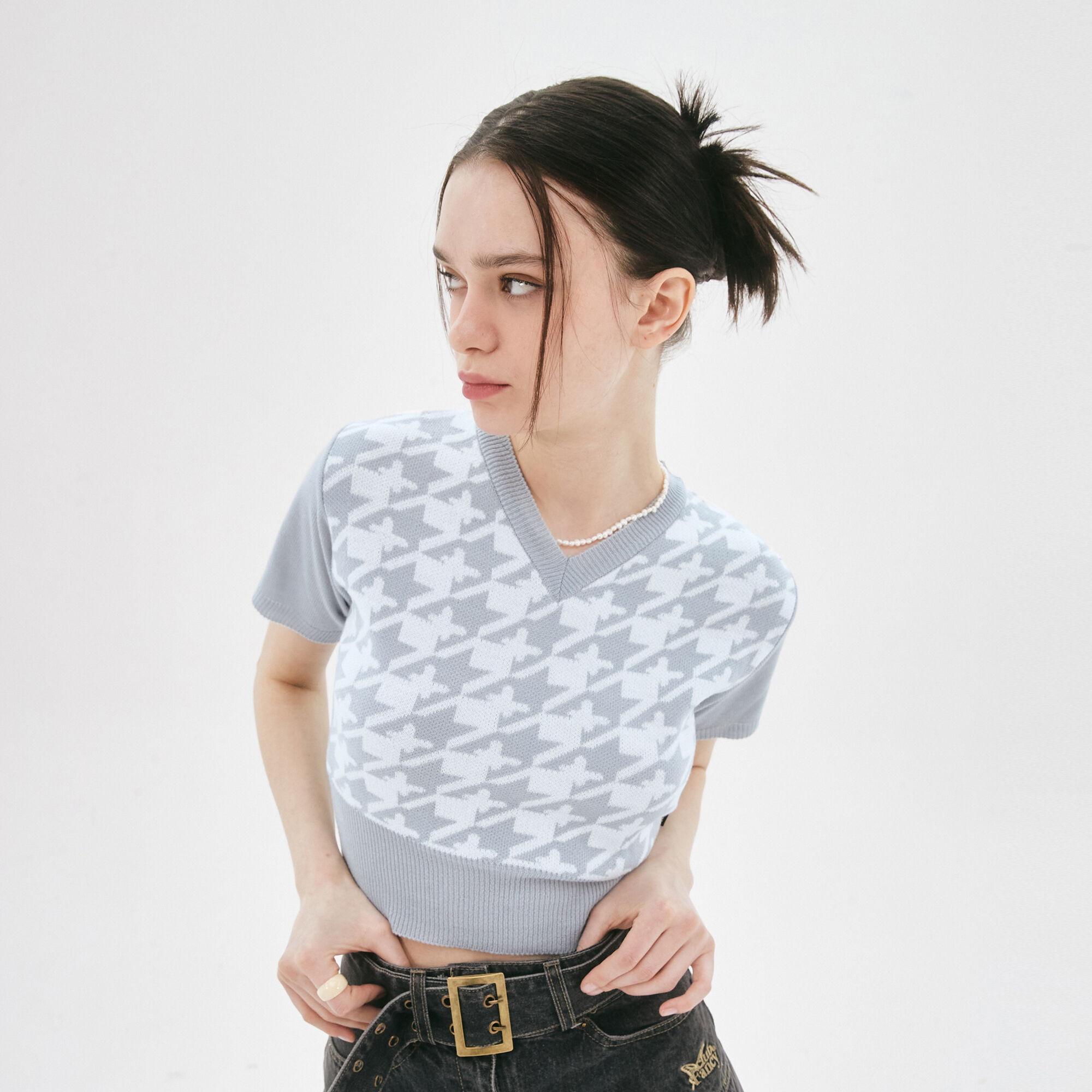 [NASTY FANCY CLUB] HOUND TOOTH CHECK CROP KNIT TEE 全2色 NF] HOUND TOOTH CHECK CROP KNIT TEE (BLACK)_F22QB416 - FANCY
