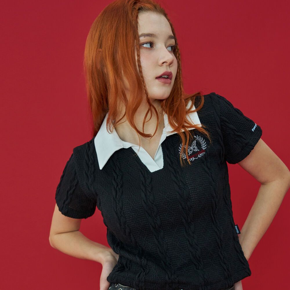 [NF] BAY LEAF CROP COLLAR TEE (BLACK)_F23QB475 감도 깊은 취향 셀렉트샵 29CM