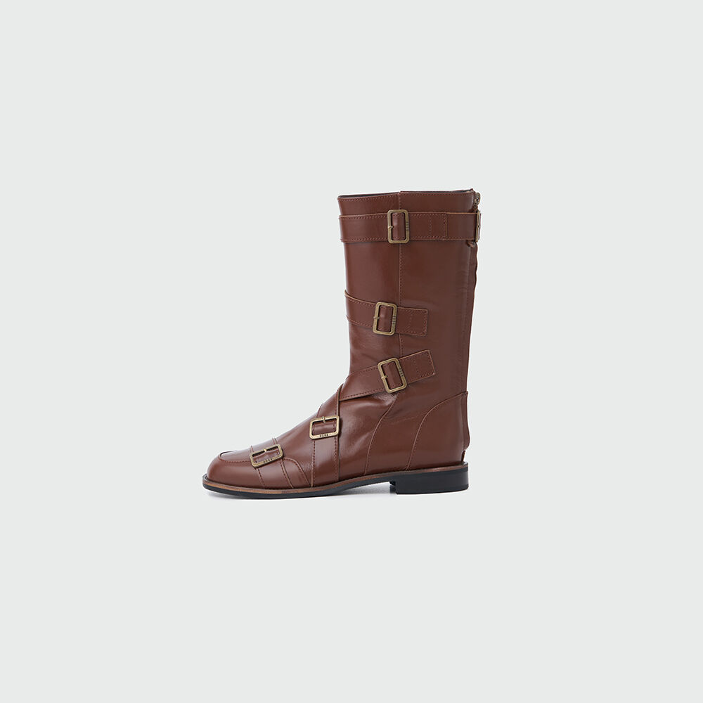 ZANIA Triple Buckle Square Toe Flat Boots - Brown - 감도