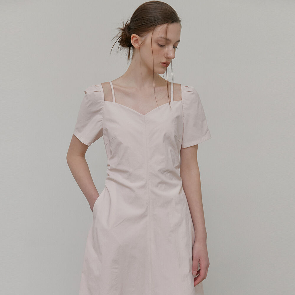 Neck Cut-Out Shirring Dress, Light Beige - 감도 깊은 취향