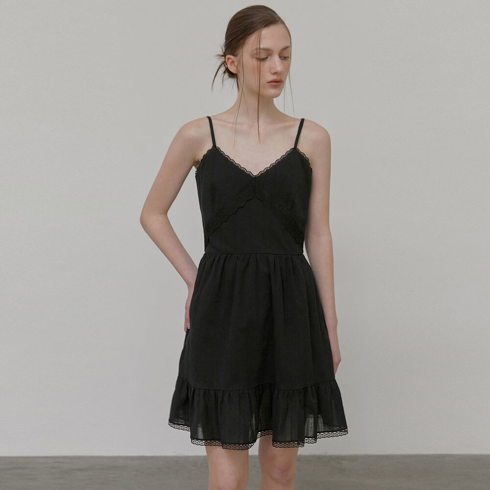 ワンピース ETMON Slip Button Lace Mini Dress, Black 05103-