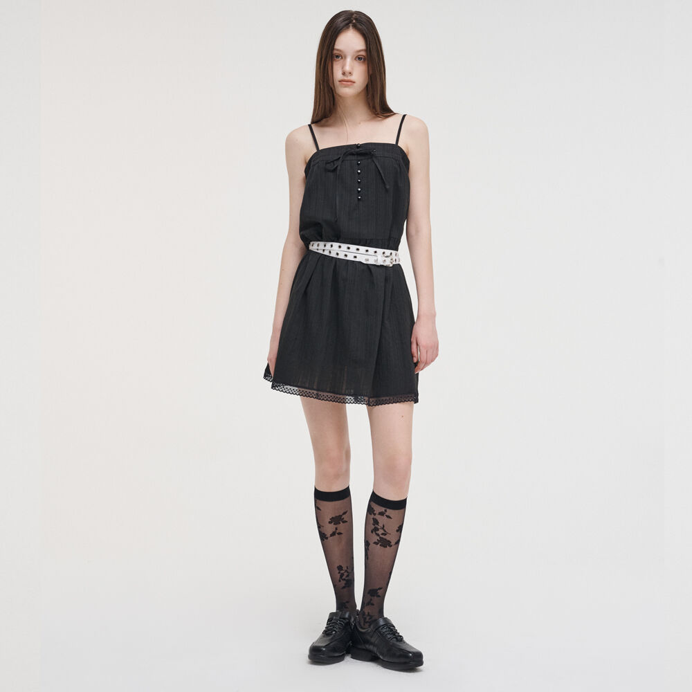 ワンピース ETMON Slip Button Lace Mini Dress, Black ELAINE-LACE-STRAPPY-MINI-DRESS