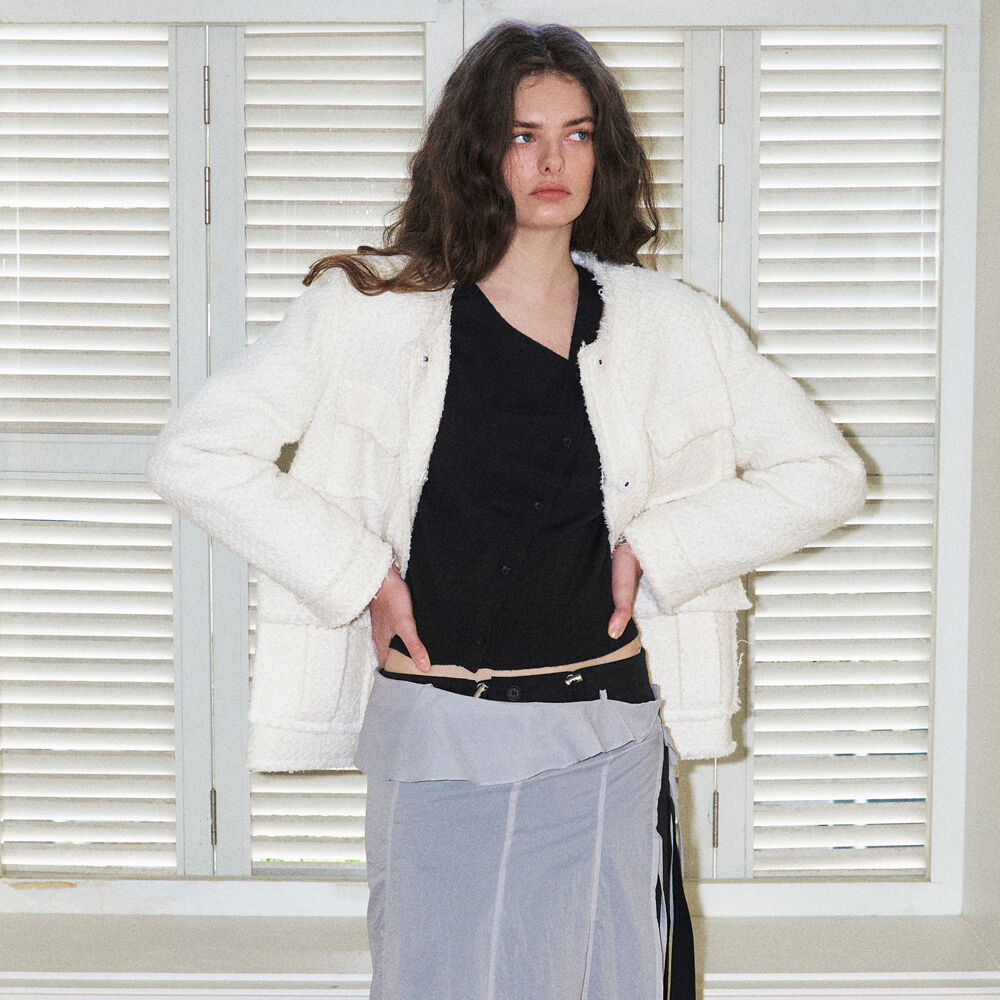 ジャケット ETMON CutOff Pocket Tweed Jacket, Ivory MUSINSA | ETMON Cut-Off Button Tweed Jacket Ivory