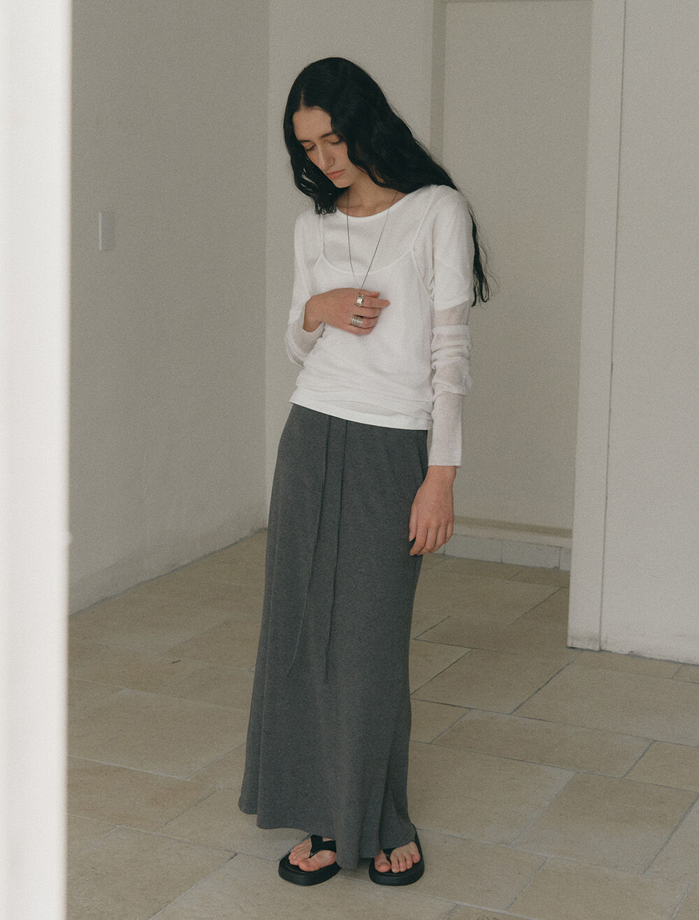 ★lalafox★PLEATED SWEAT SKIRT★Charcoal★韓国★大人気★ 4th REORDER] SILKY SWEAT MAXI SKIRT [CHARCOAL] - 감도 깊은