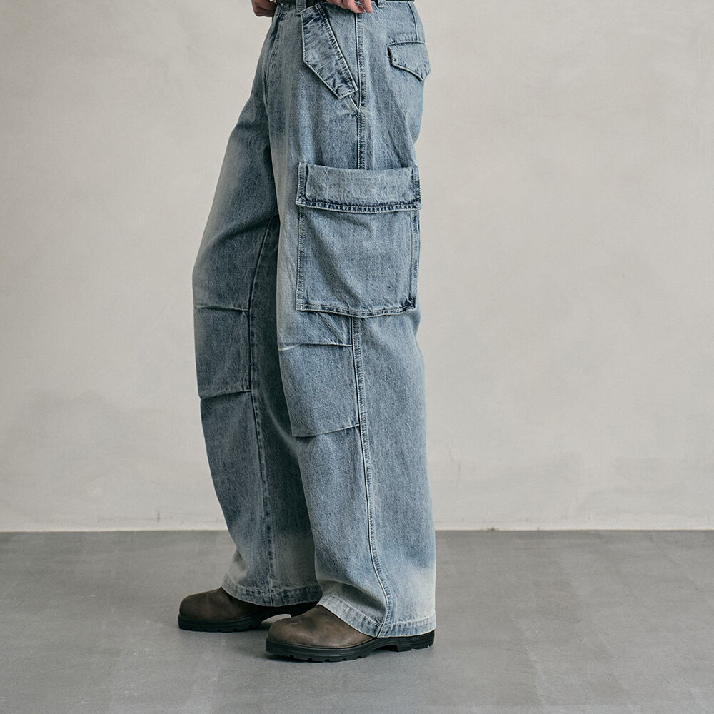 【WOOALONG】 Washing curve pocket wide denim pants Washing curve pocket wide denim pants - GREY - 감도 깊은