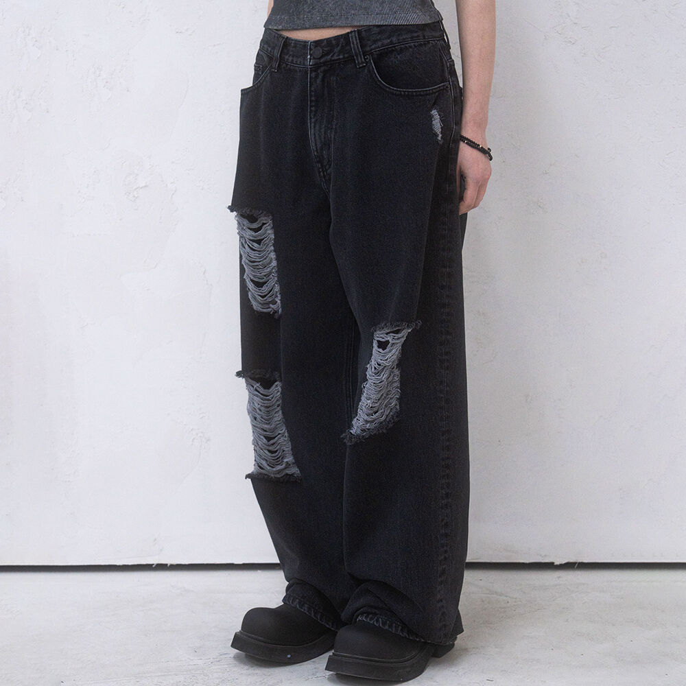 Flip Cut-out Damage Denim Pants [ Black ] - 감도 깊은 취향