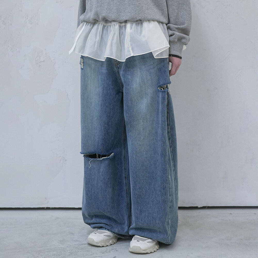 ☆NOT4NERD☆ Camo Patch Work Layered Denim Pants Deep Blue Camo Patch Work Layered Denim Pants - Deep Blue - 감도 깊은