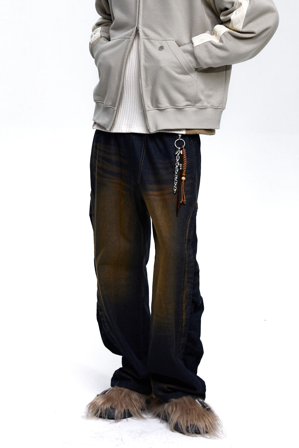 WRINKLE MIXED CAT WASHING DENIM PANTS - DENIM - 감도 깊은