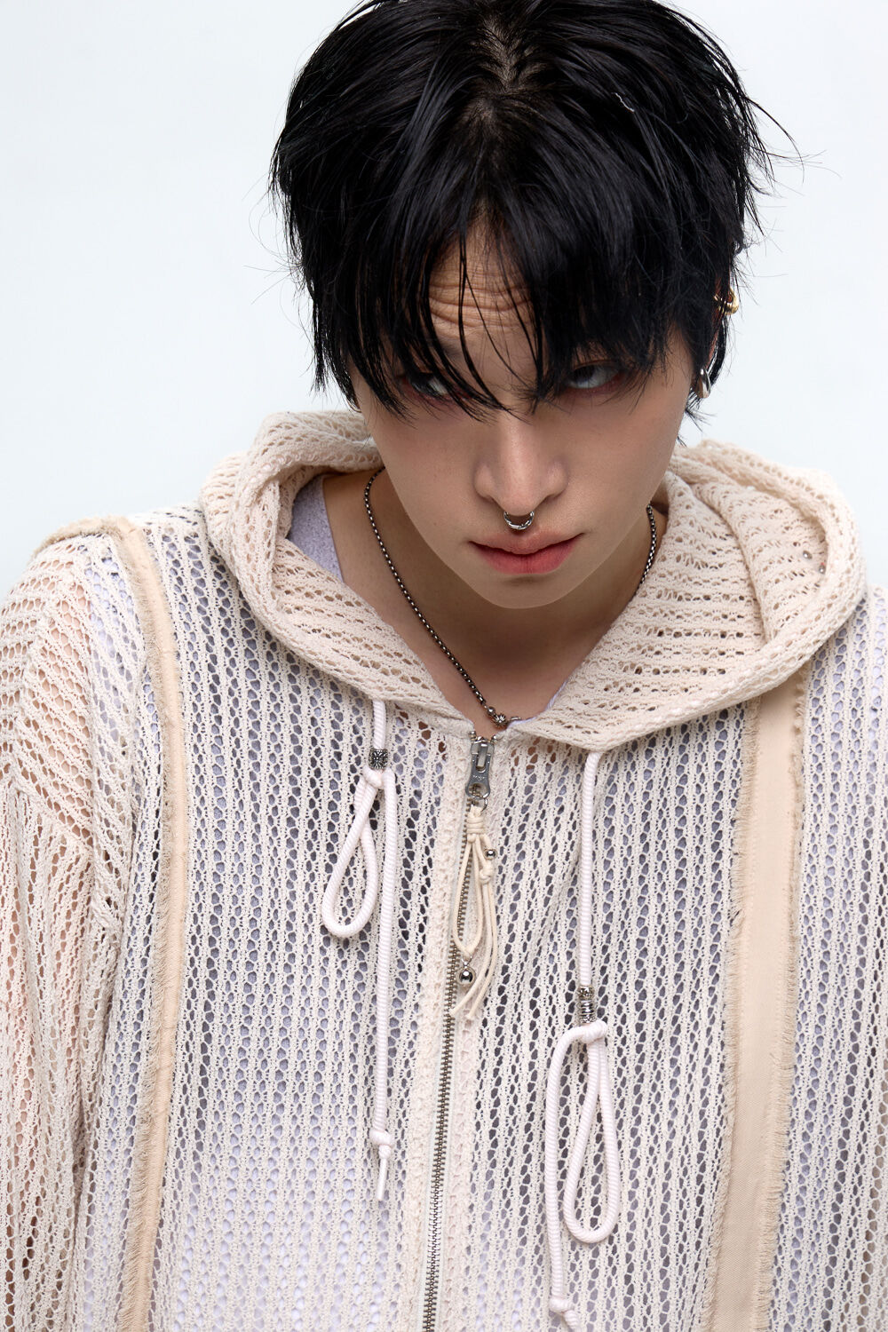 DENIM PATCHED KNIT HOOD ZIP UP - IVORY - 감도 깊은 취향