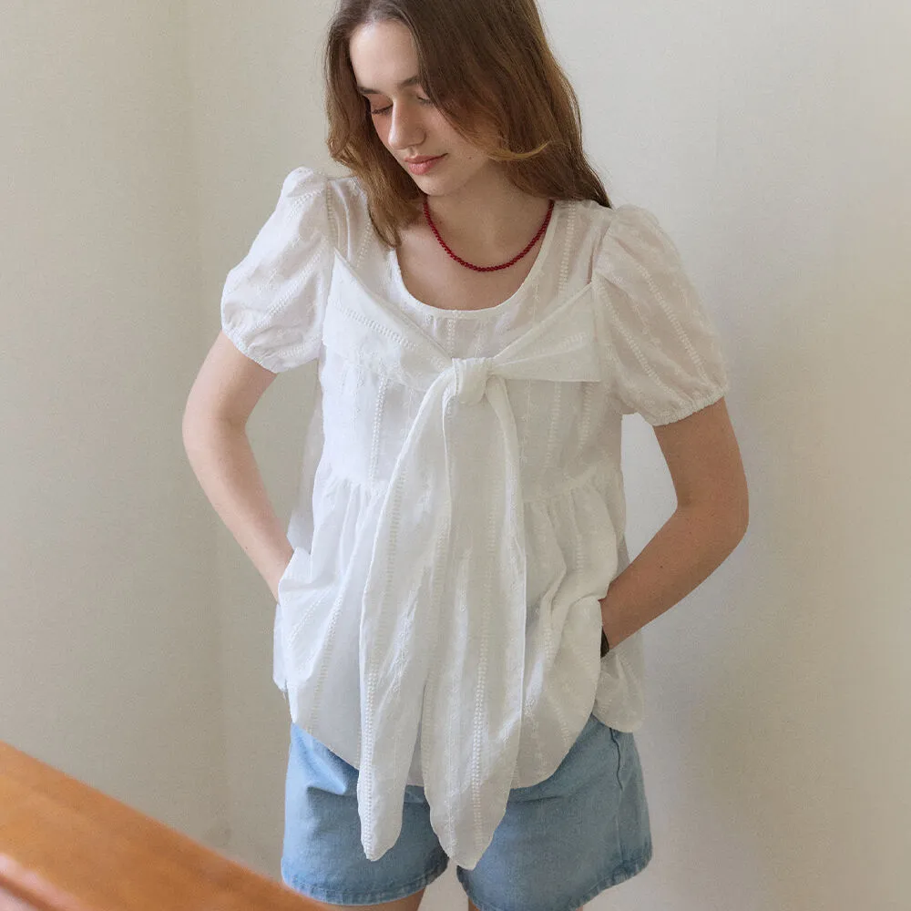 Bow Shirring Blouse - White