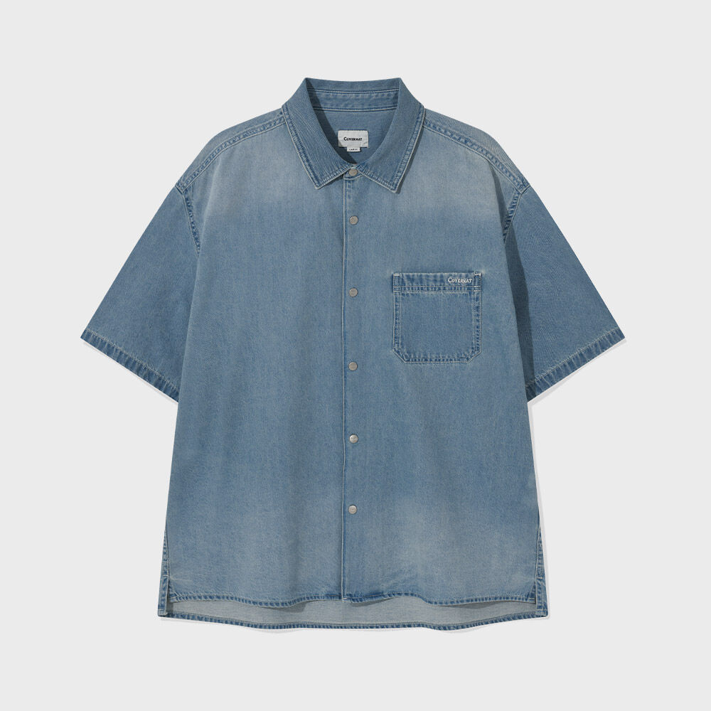 Stone Washing Denim A-Line Overfit Half Shirts Blue - 감도