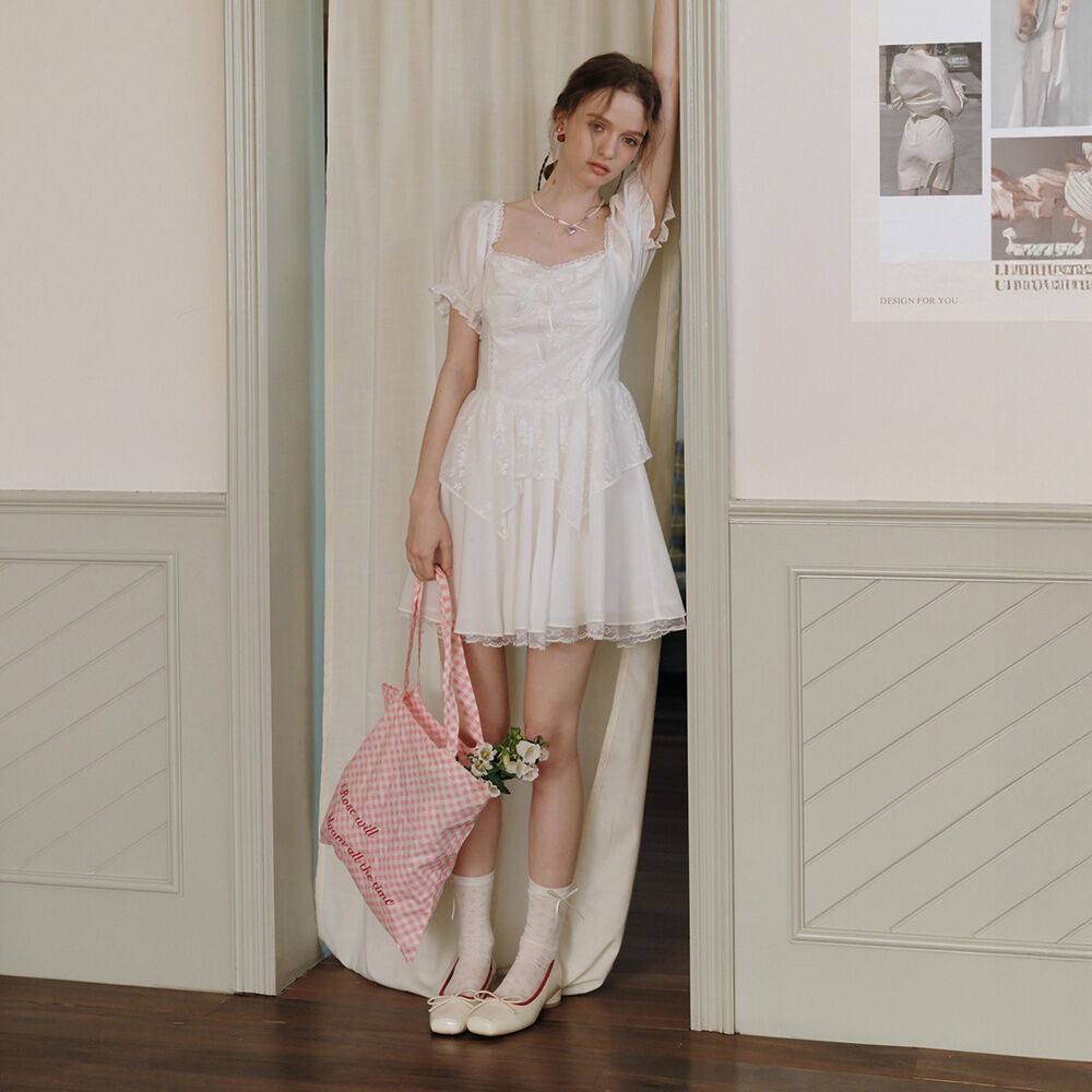 ◆Loulouseoul◆ Cream Rose Mini Dress White Cream Rose Mini Dress (White) - LOULOUSEOUL
