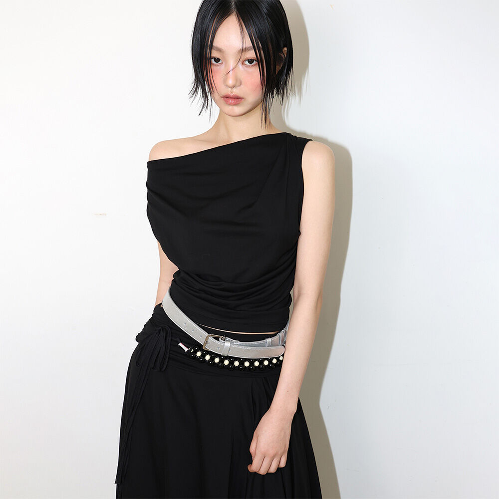 Asymmetrical Draped Roll-Up T-Shirt (FL-165_Black) - 감도