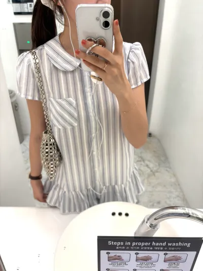 ROUND COLLAR FRILL KANGKANG SHIRT DRESS BLUE STRIPE - 감도