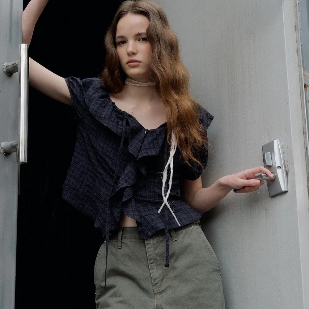 [예약배송] Ruffle off tie blouse [FRSP07BL05]_Navy