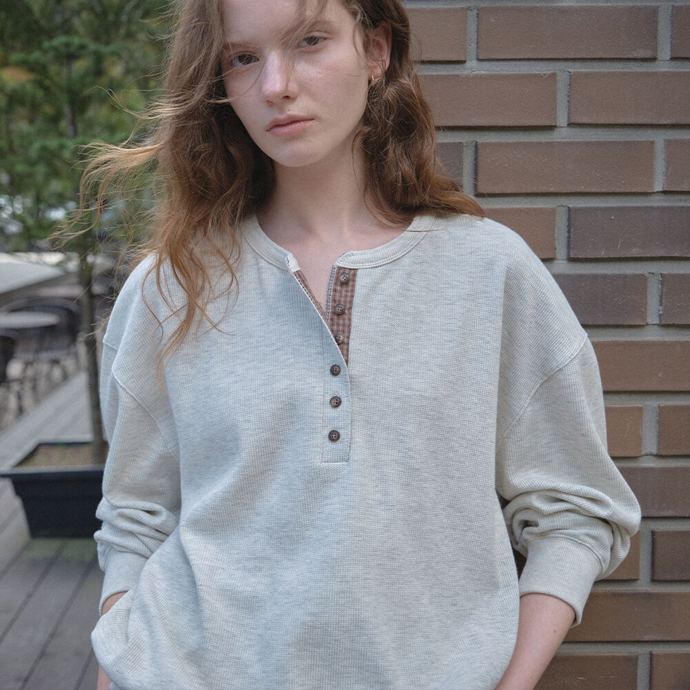 Waffle check henley sweatshirt [TIFA05LT06]_Oatmeal