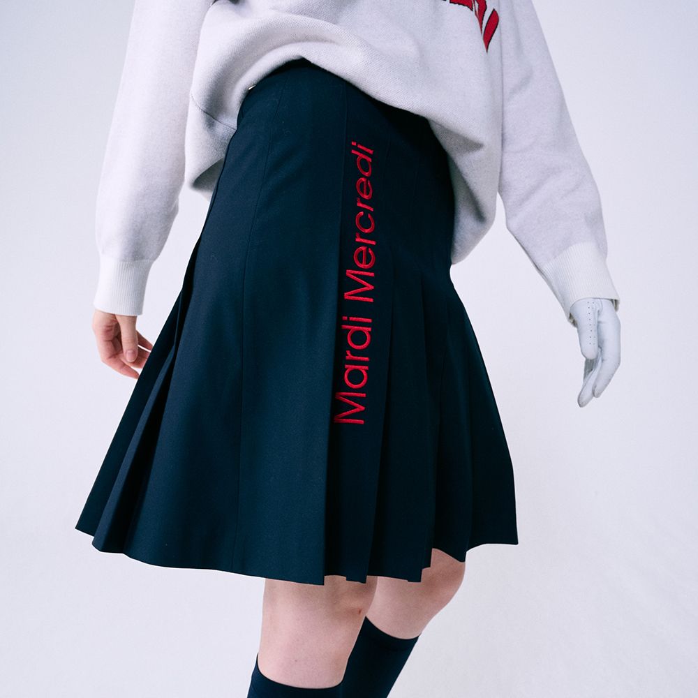 PLEATS MIDI SKIRT LOGO NEEDLEWORK (NAVY RED) 감도 깊은 취향 셀렉트샵 29CM